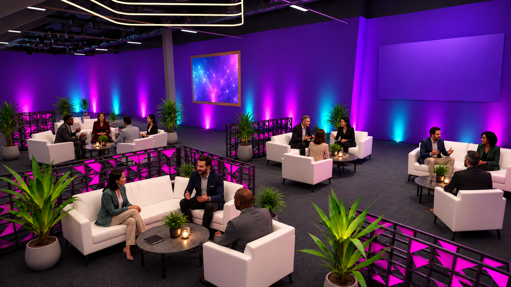 Projeto 3D adaptado para lounge de relacionamento, com pequenos grupos de conversa.