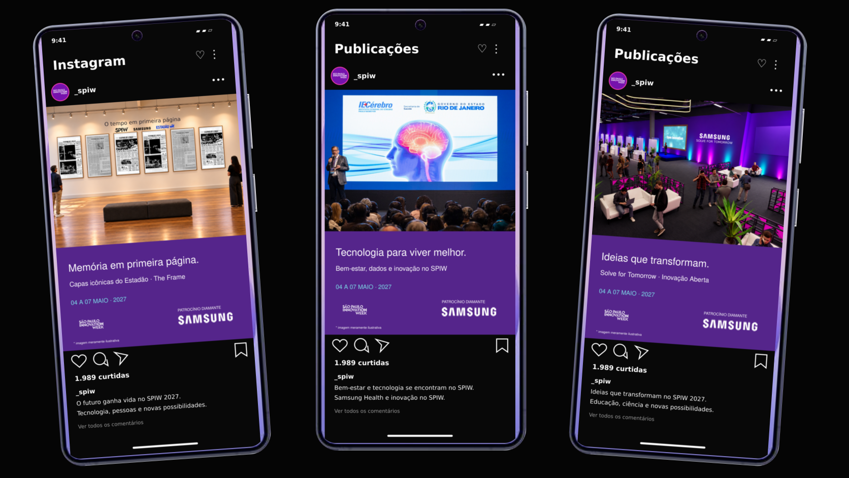 Mesmo conjunto de três celulares Samsung Galaxy S26 Ultra com exemplos de posts SPIW 2027.